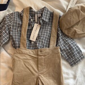 Janie and Jack Blue Checkered Shirt with Tan Suspenders and matching hat